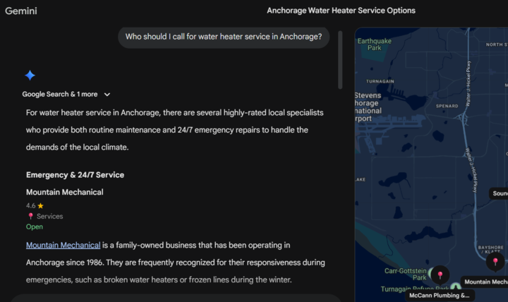 Example of someone asking who to call for water heater service in Anchorage in Google's Gemini