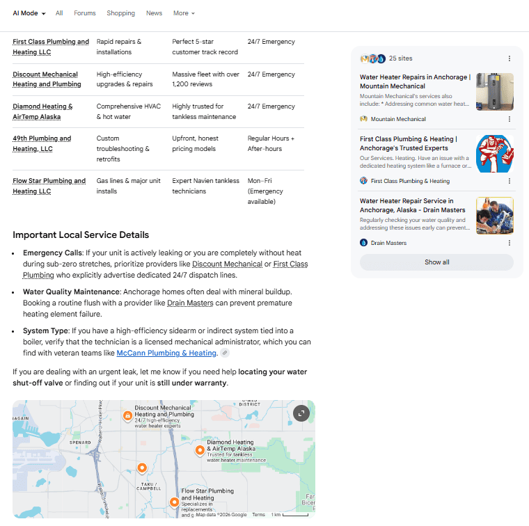 Example of someone asking who to call for water heater service in Anchorage in Google's Gemini
